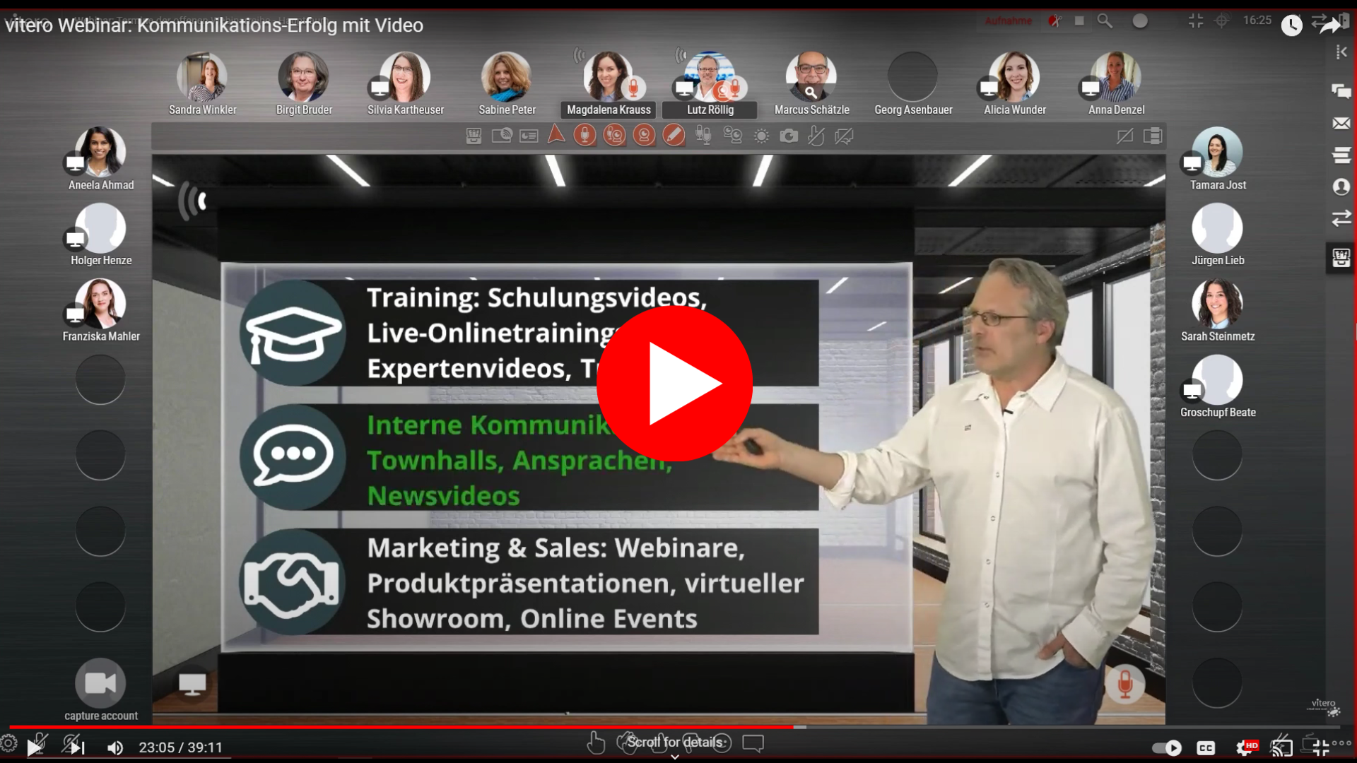 Screenshot aus einem Webinar mit Cinector STAGE und vitero